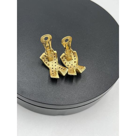 Vintage Estate Rhinestone Encrusted Pave Gold Tone X Shaped Clip On Earrings - Picture 6 of 10